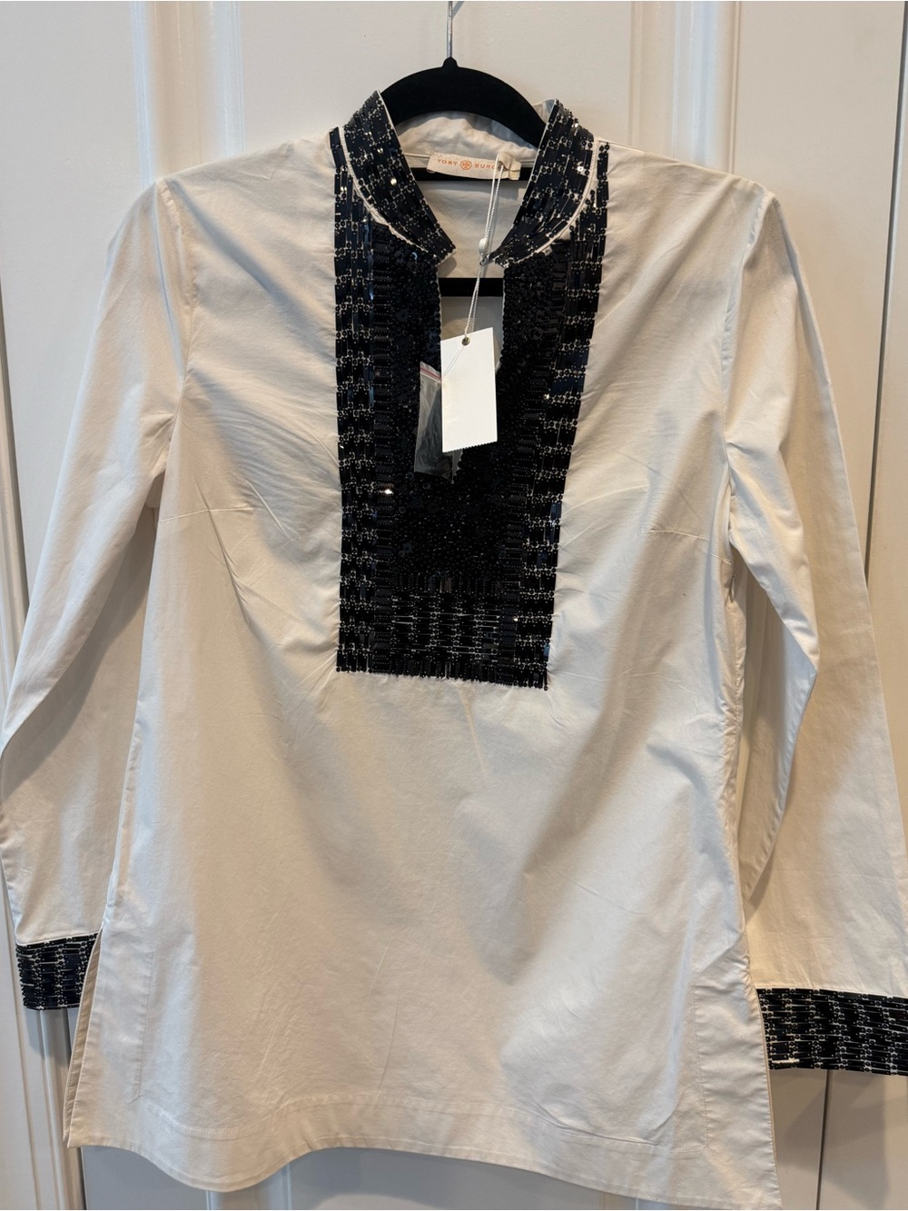 Brand New Tory Burch Woven Trim Cream Tunic Top with Black Accent